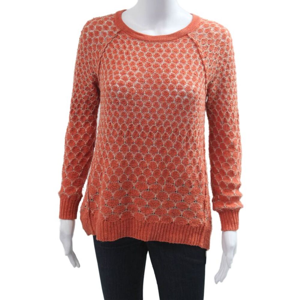 Moth Anthropologie Women Pullover Sweater Orange Zip Crew Neck Cotton Size S